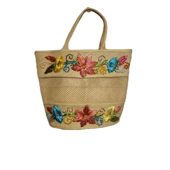 VINTAGE 60s straw tote‎ bag raffia flowers woven purse - Picture 1 of 10